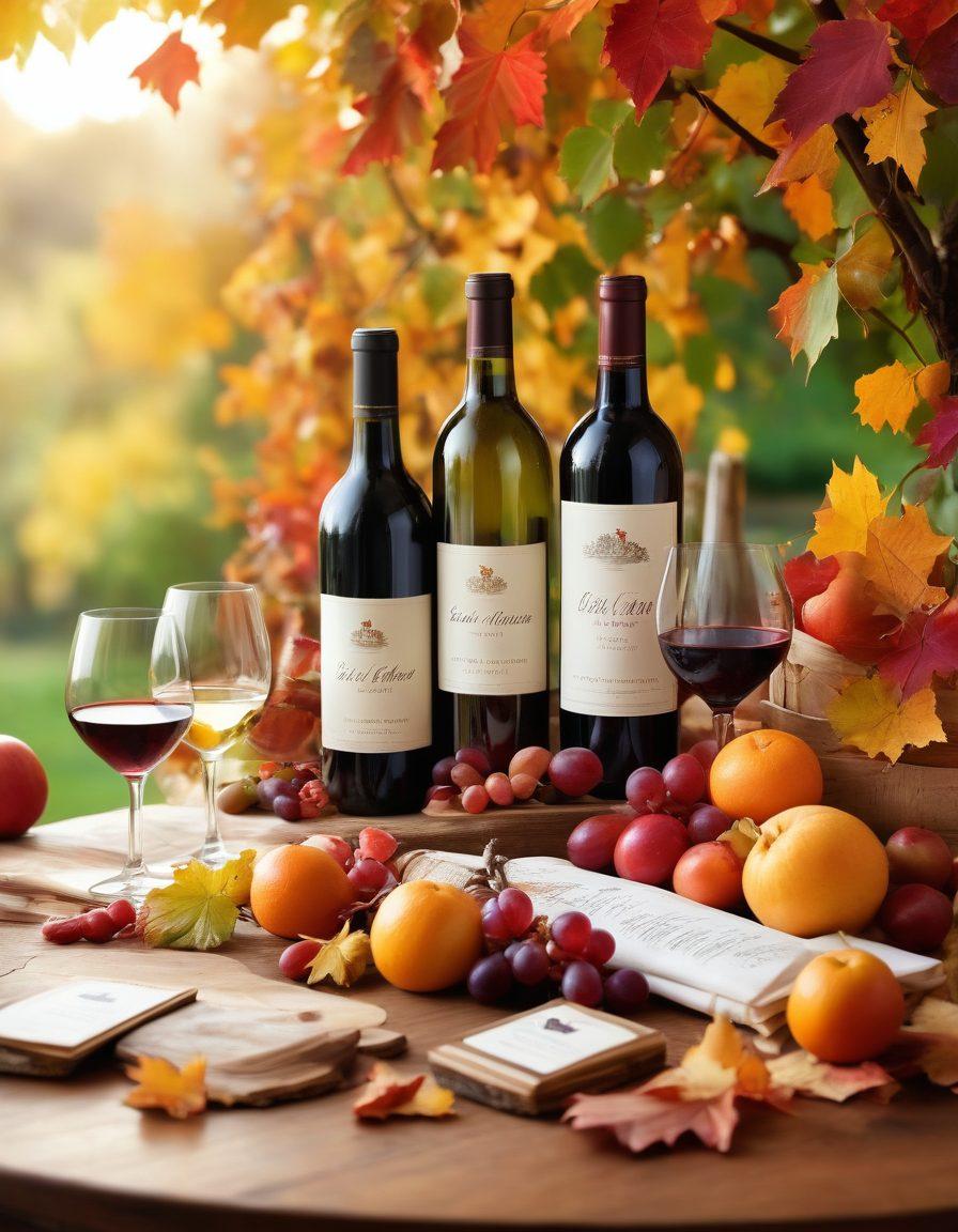 A beautifully arranged wooden table featuring an assortment of red and white wine bottles with elegant labels, surrounded by seasonal fruits like grapes, apples, and oranges. Soft light filters through autumn leaves in the background, creating a cozy ambiance. Include subtle wine glasses filled with each type of wine, highlighting their colors. The scene evokes a sense of warmth and celebration, inviting readers to explore the world of wines. vibrant colors. warm lighting. artistic photography.