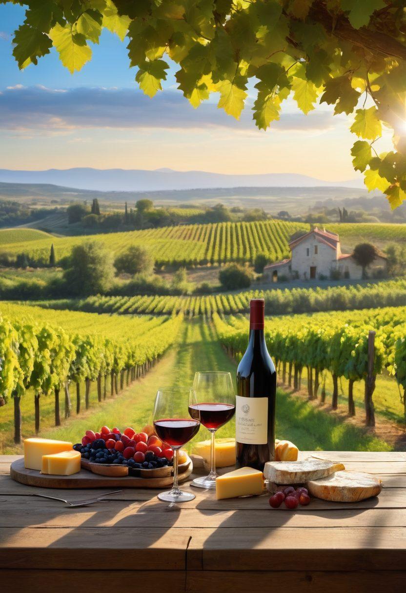 A picturesque vineyard landscape bathed in golden sunlight, with rows of lush grapevines stretching to the horizon. In the foreground, a rustic wooden table adorned with an elegant wine bottle, two glasses filled with rich red wine, and a selection of artisanal cheeses and fresh fruits. Include a distant winery building and a clear blue sky to set the serene atmosphere. The image should evoke a sense of tranquility and appreciation for the wine-making process. super-realistic. vibrant colors. 3D.