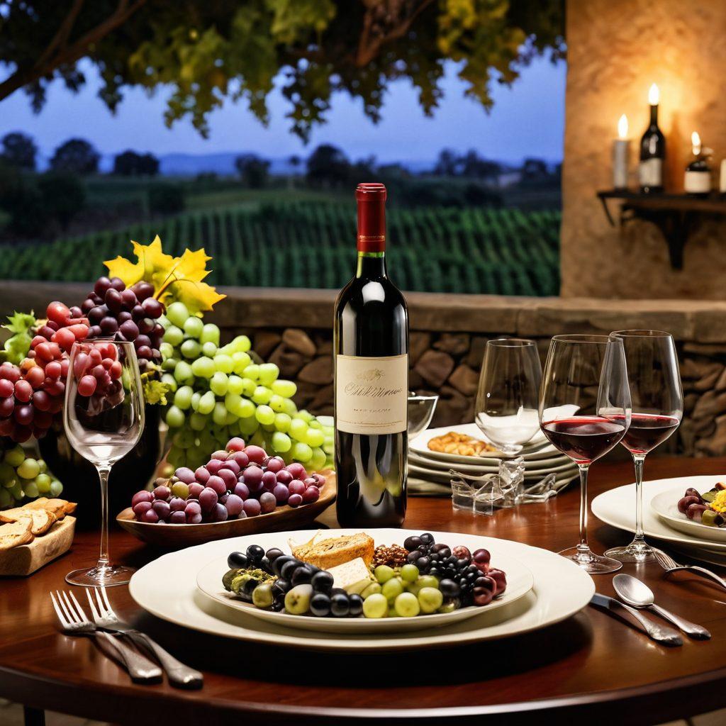 A beautifully arranged dining table featuring an elegant wine bottle beside several glasses filled with different wine varieties. Include vibrant plates of gourmet food beautifully plated, highlighting a perfect pairing with each wine. Soft, warm lighting to create an inviting atmosphere, with a background hinting at a vineyard or wine cellar. artistic flair. vibrant colors. super-realistic.